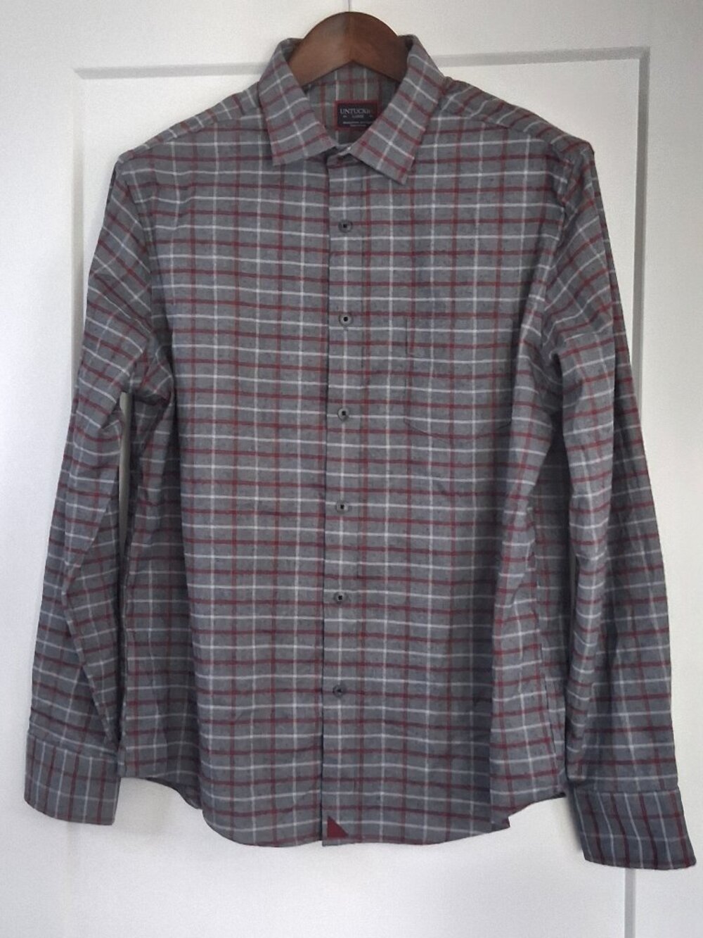 UNTUCKit Performance Flannel Shirt Mens Large Gray Red Check Stretch Plaid